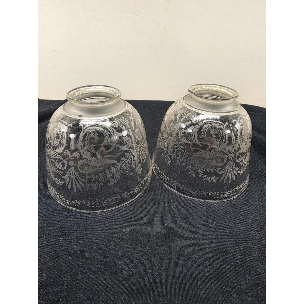 Vintage Pair Etched Glass Lamp Shades Floral Scroll Bell Shape 2.25 In Fitter